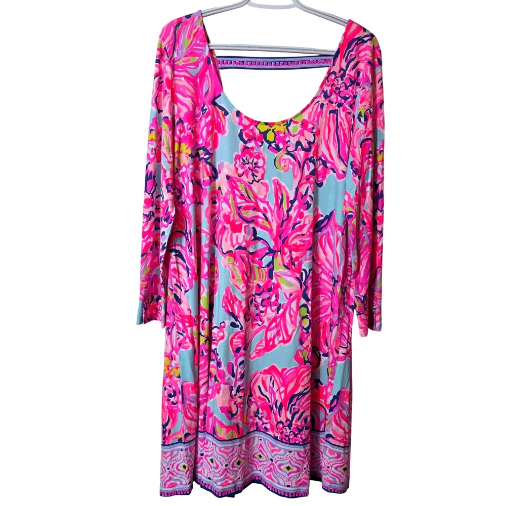 Lilly Pulitzer XL Emma Dress Pink Paisley Long Sleeve Serene Blue Big Escapade
